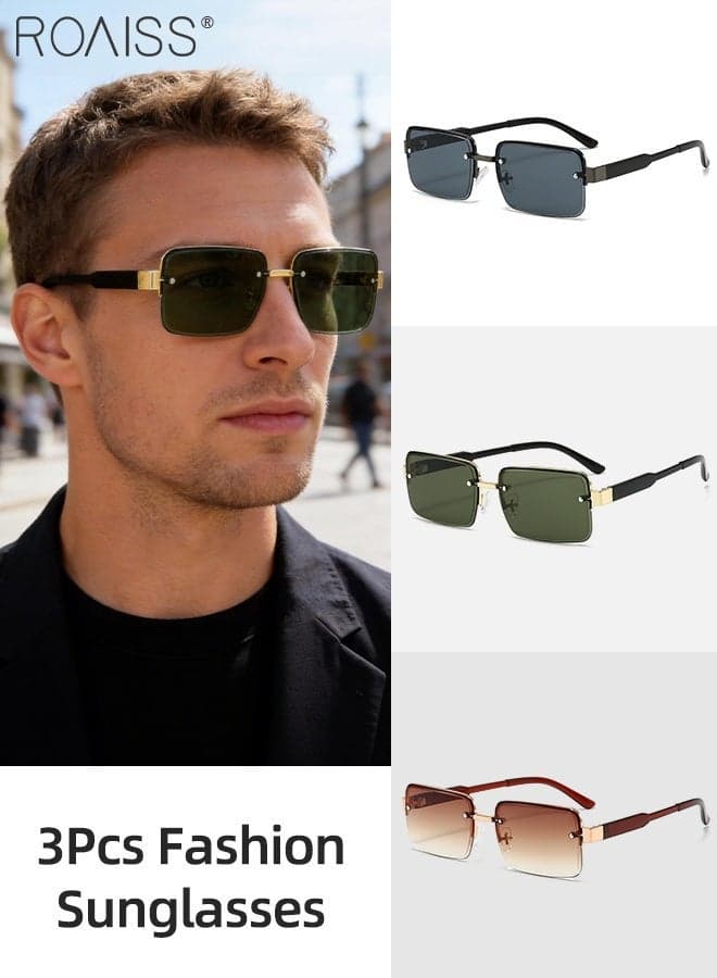 3 Pcs Retro Rectangular Semi-Rimless Sunglasses, UV400 Protection Sun Glasses, Fashion Anti-glare Shades for Men Driving, Fishing, Traveling with Case, 58mm