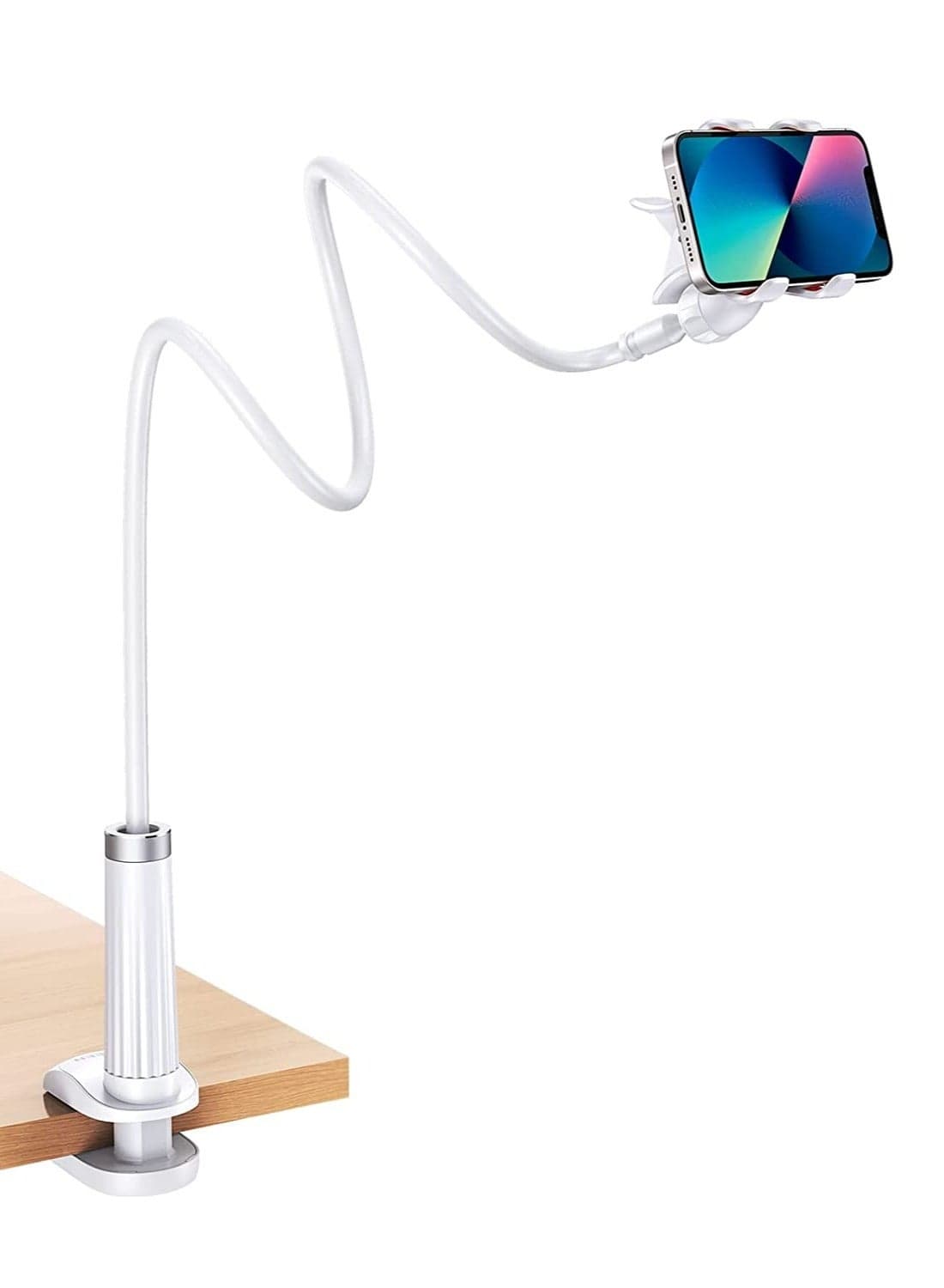 Phone Holder 360 Adjustable Lazy Holder Mount Clamp with Sturdy Aluminum Alloy Arm Compatible for iPhone 13/13 Mini/13 Pro/13 Pro Max 12 11 Pro Max, Samsung S22 S21 All 4"-7.1" Phones(White)