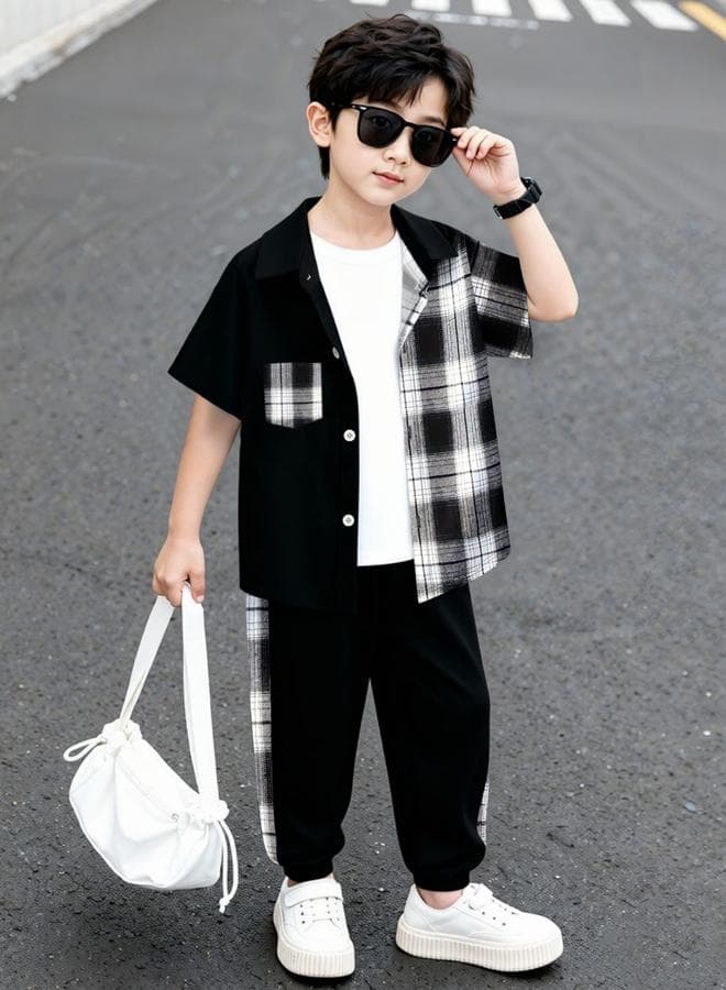 Boys Black Checked Shirt And Pants Set