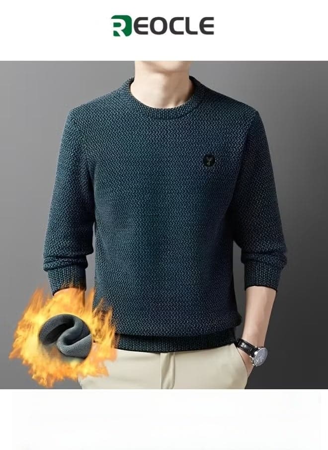Men's Fleece Thick Knitted Shirt Winter Long Sleeve Crewneck Sweatshirt Thermal Top Anti-Static Workout Base Layer