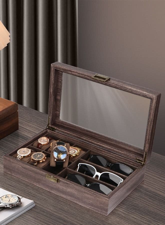 9-Slot Watch Glasses Box Watch Case Jewelry Box Gift Holder Jewelry Display Box Case Drawer Sunglasses Storage Earrings Storage Organizer for Men (Brown)