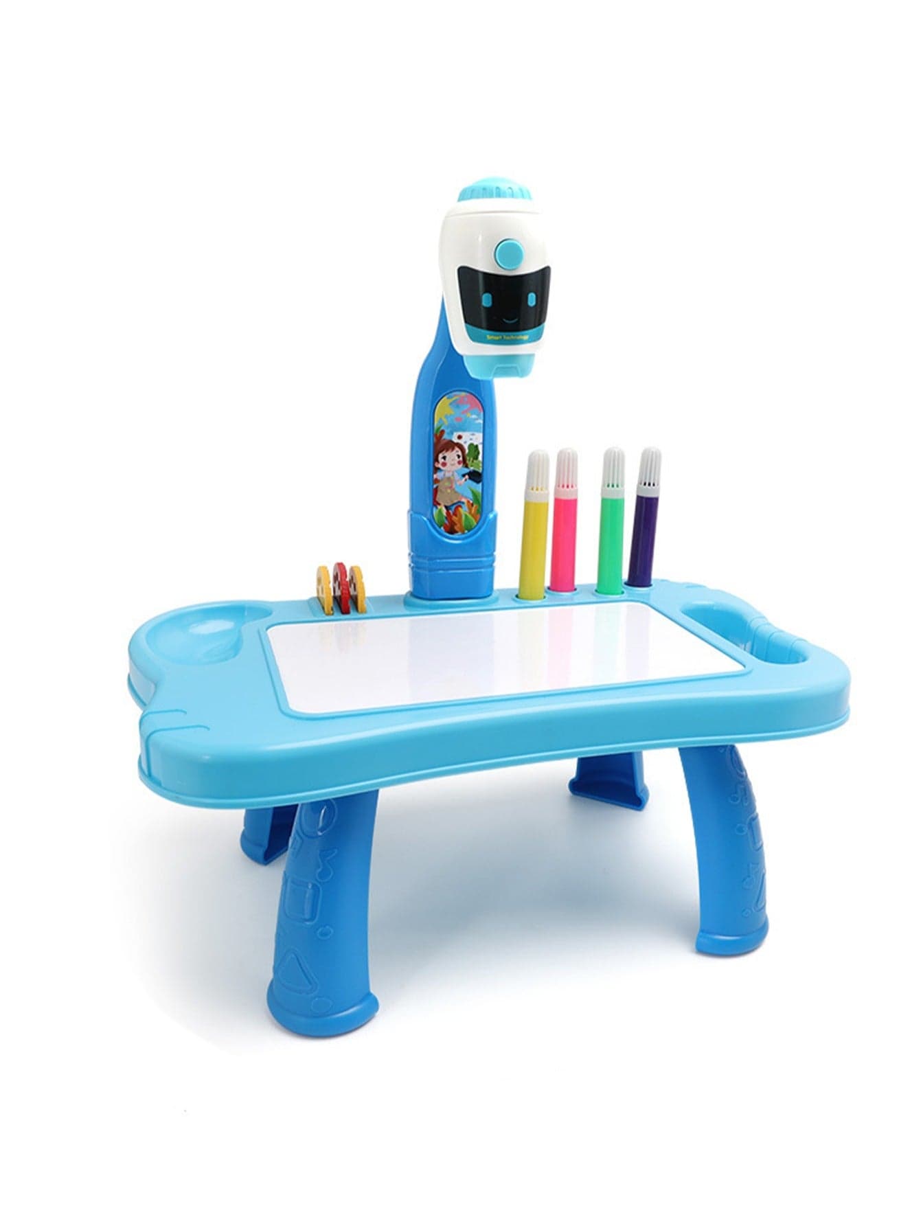 Blue Robot Projection Table, Children'S Drawing Projector With Flashlight Slide Projector Toy, Tracing Sketch Table With Light Music, Suitable For Early Art Learning Game Gifts