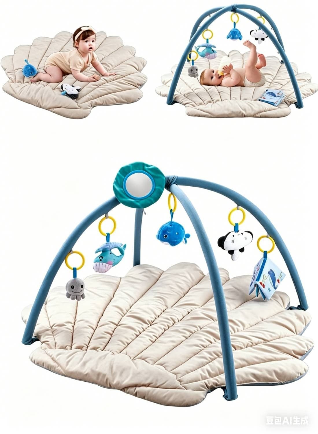 Baby Gym & Activity Mat, Large Play Mat for Newborns, Shell Shaped Playmat with 6 Detachable Toys, Tummy Time Activity Center, Promote Motor Skills & Sensory Development, Machine Washable