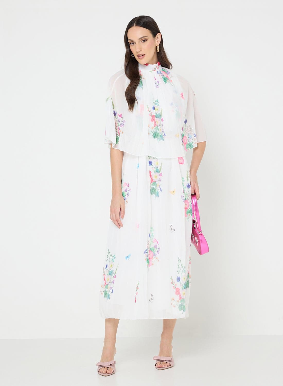 Pleated Floral Print Dress