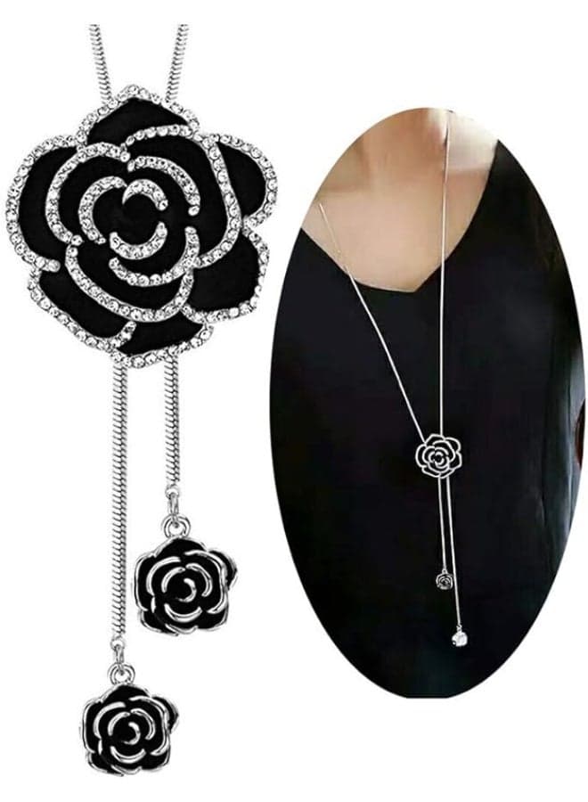 Long Chain Black Crystal Rose Flower Pendant Necklace for Women and Girls
