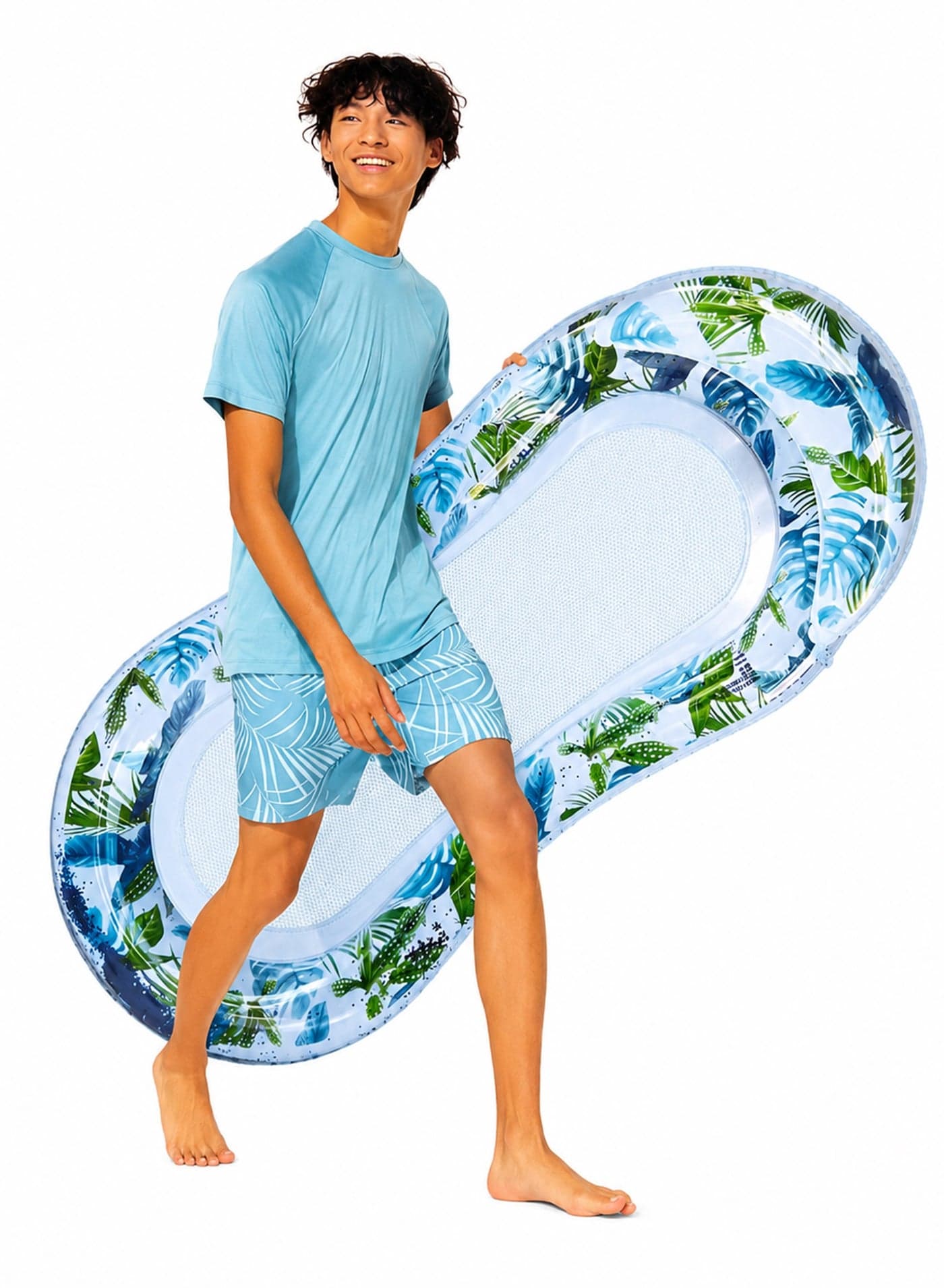 Inflatable Pool Float Lounging Mesh Mat PVC Tanning Bed Float Water Hammock for Adults, Tropical Green