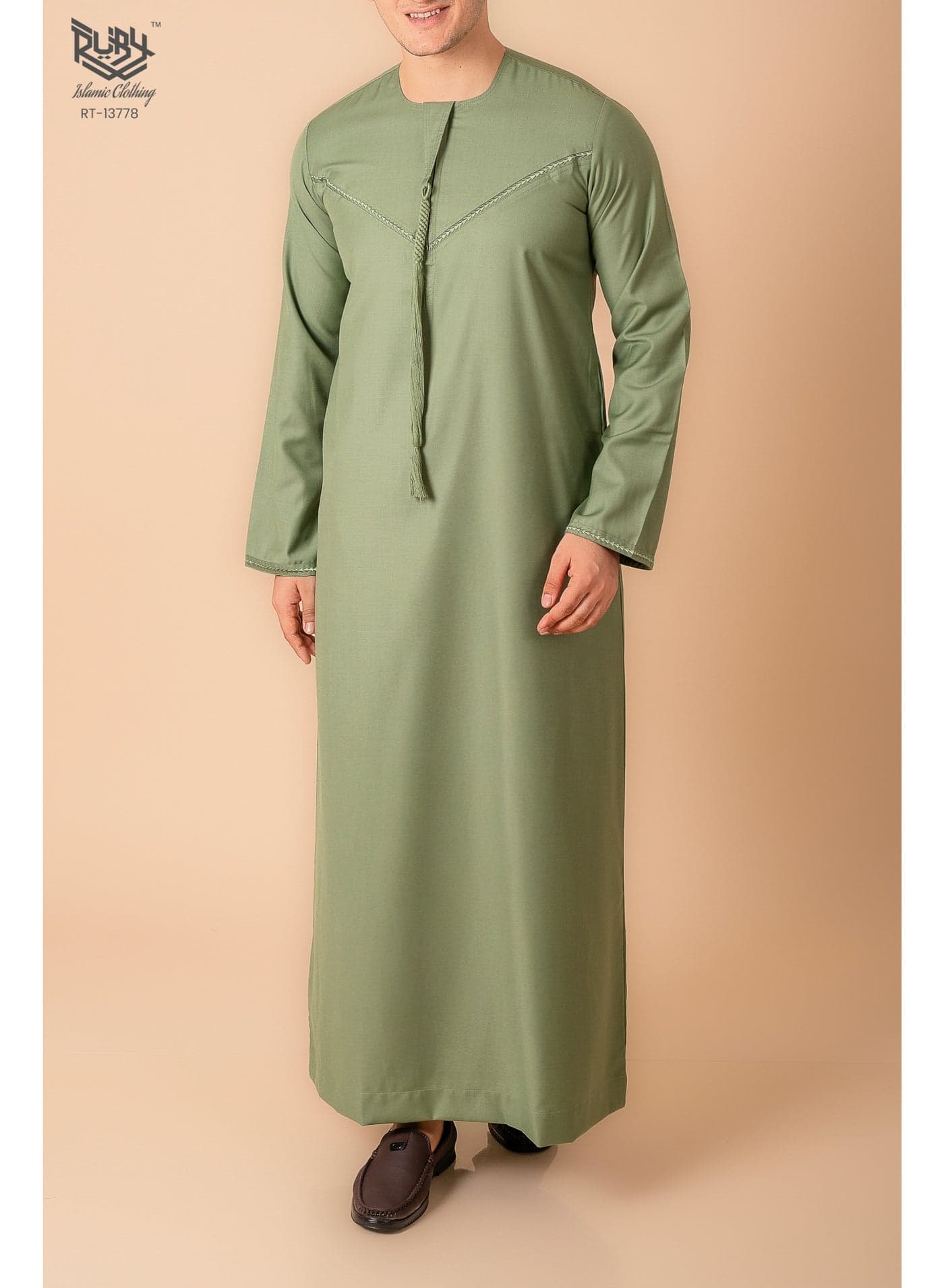 Classic Sage Green Emirati Kandura Thobe for Men with Zipper & Intricate Embroidery Men's Kaftan Round Neck Long Sleeve Saudi Arabian Muslin Robe