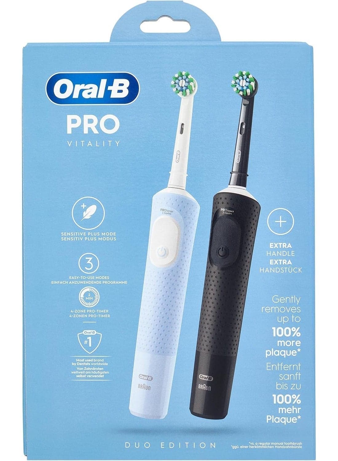 Oral-B Vitality Pro 2x Electric Toothbrush Heads, 3 Brushing Modes Including Sensitive Plus, Black And Blue