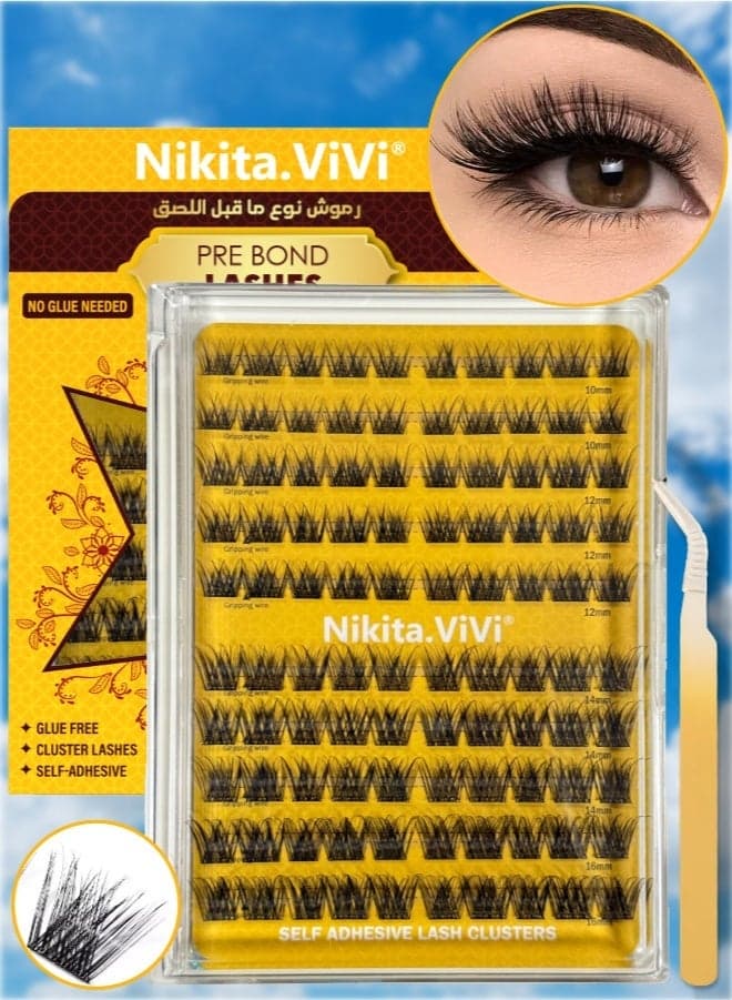 Pre Bond Lashes Kit with Tweezers Self Adhesive Eyelashes Wider Eyelash Clusters Kit, False Eyelashes D Curl Pre Glued Lash Clusters Wispy Lash Cluster Kit False Lashes for Beginners and Salon use Press On DIY Lash Extension Kit Falselashes Eye Makeup Kit 10-16mm Size 100 Pcs