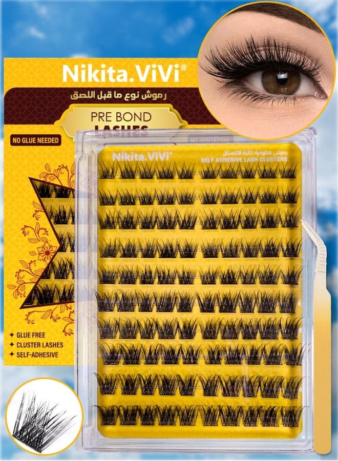 Pre Bond Lashes Kit with Tweezers Self Adhesive Eyelashes Wider Eyelash Clusters Kit, False Eyelashes D Curl Pre Glued Lash Clusters Wispy Lash Cluster Kit False Lashes for Beginners and Salon use Press On DIY Lash Extension Kit Falselashes Eye Makeup Kit 10-16mm Size 100 Pcs