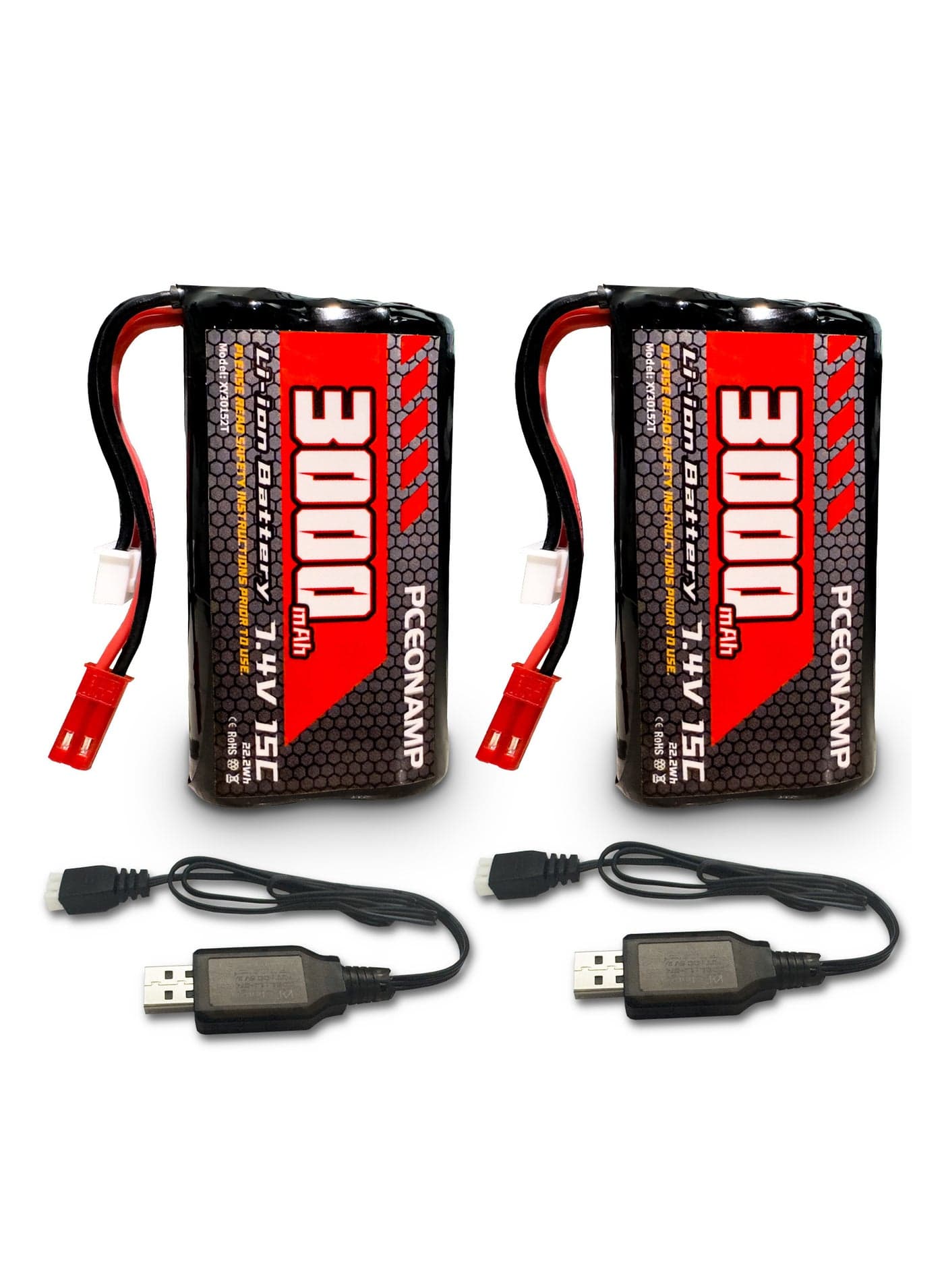 7.4V Li-ion Battery 3000mAh 2S with JST Plug Rechargeable High Capacity RC Battery with 2 USB Charger Cable for RC Car RC Boat