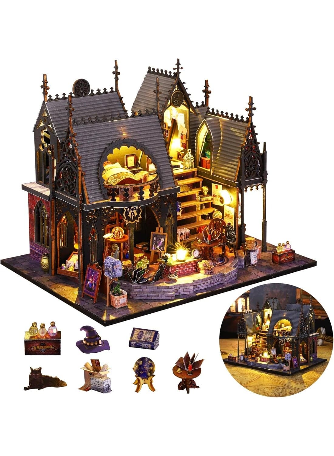 DIY Miniature House Kit, Tiny for Adults to Build, 3D Wooden Puzzles Dollhouse Bookshelf Insert Decor Alley-Creativity Kit with LED Light for Family and Friends (Luna's Magic House)