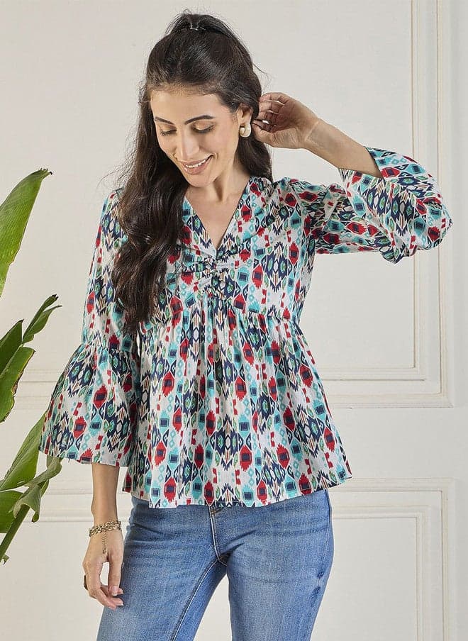 Abstract Printed V-Neck Cotton Top for Women