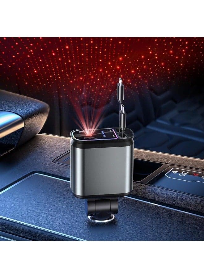 Retractable Car Charger with Starlight, 120W 4 in 1 Fast Car Phone Charger, 2 USB Ports & 2 Retractable Cables Starry Sky Car Charger Adapter