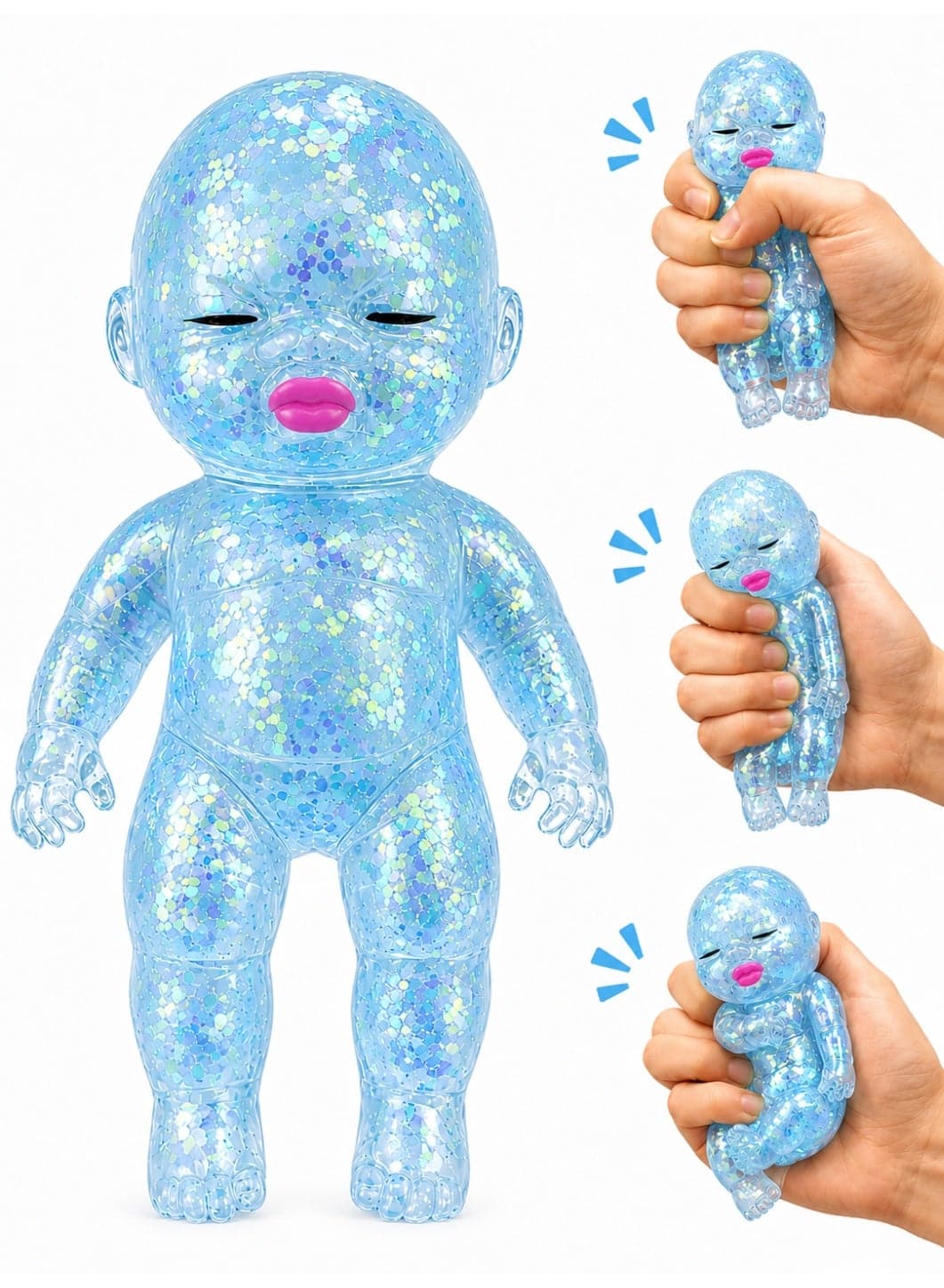 Sparkling Baby Doll Squishy Toy - Soft TPR Stress Relief Toy for Kids and Adults - Anxiety Relief, Party Favor, Blue
