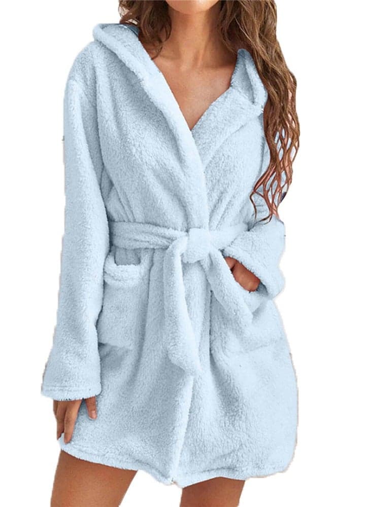Women Hooded Bathrobe Fleece Lightweight Soft Plush Flannel Sleepwear Fleece Hooded Bathrobes Night Sleepwear Women's Mid Length Plush Robe