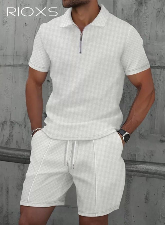 Men's Outfits Set, 2 Piece Casual Tracksuit, 1/4 Metal Zipper Polo Shirt And Shorts, Knit Short Sleeve T Shirt And Drawstring Shorts with Side Pockets, Fashion Set for Work or Daily Wear, Golf Course Outfits, White Leisure Clothings for Men