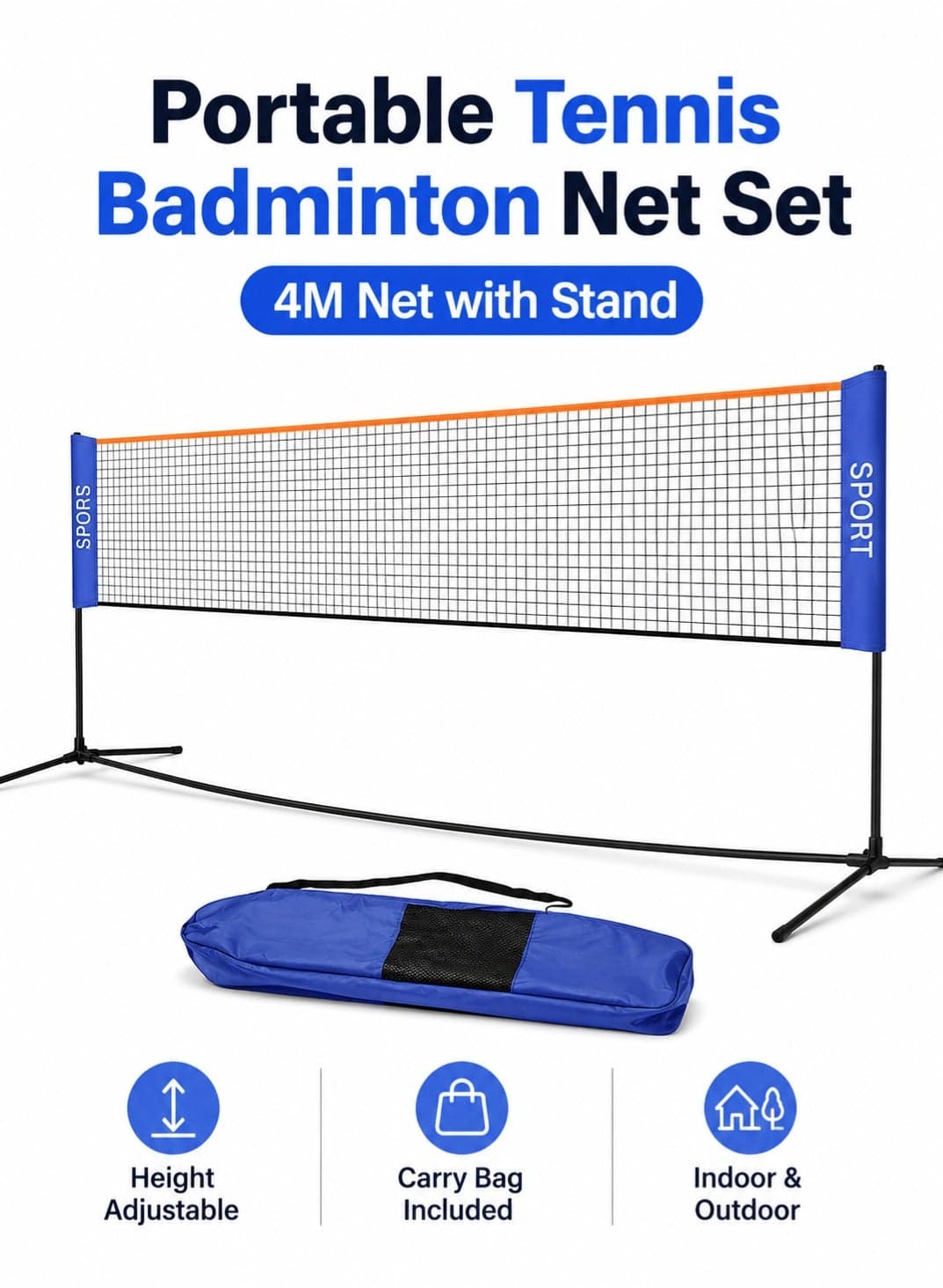 Portable Badminton Tennis Pickleball Net Set 4 m, Height Adjustable 0.92/1.07/1.55 m, Foldable Outdoor Sports Net with Stand Frame and Carry Bag for Backyard, Beach, Lawn and Indoor Play