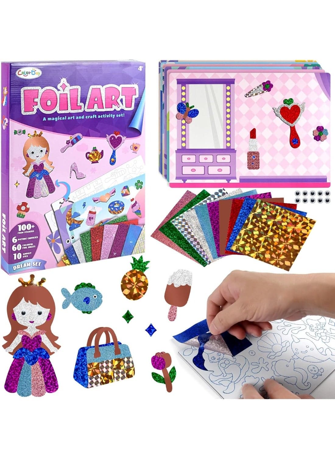 Foil ART 3D Sticker Craft Kit – Princess Theme | 6 Royal Picture Canvases with 100+ Foam Stickers & 60+ Colorful Foil Sheets | DIY Glitter Foil Paper Craft Set for Kids Age 4+ | Creative Art Gift for Girls