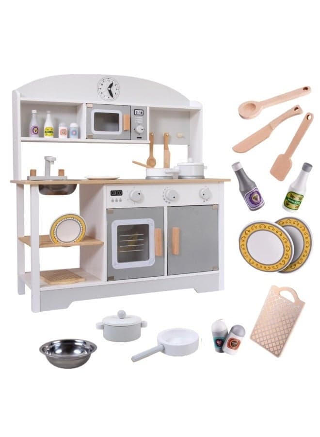 Children's Wooden Toy Kitchen with Accessories, Play Kitchen with Oven, Sink, Microwave, Hob and 12 Accessories Perfect for Gifting, Educational Game (72 x 68 x 26 cm)
