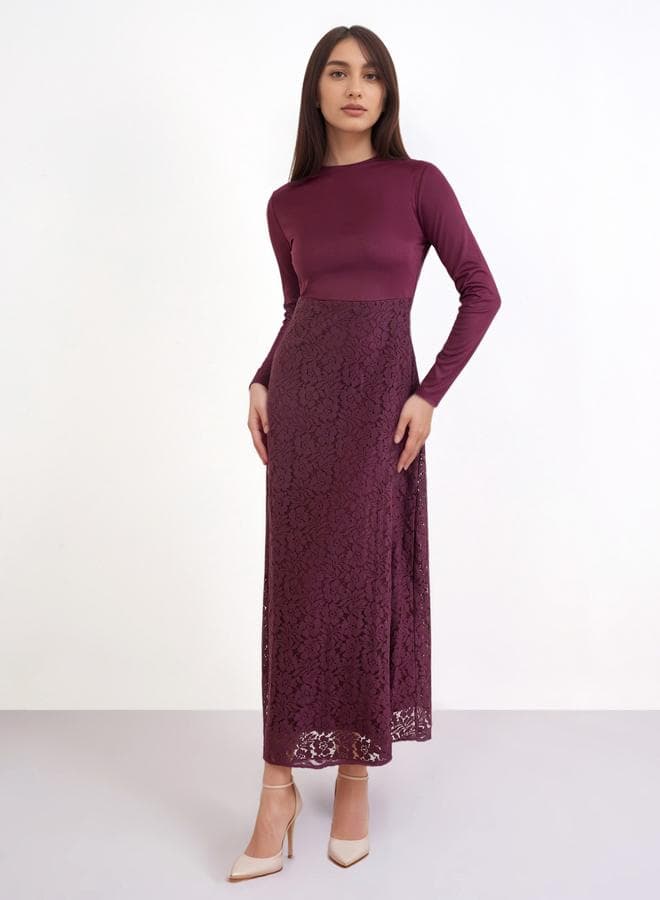 Styli Women Burgundy Solid Lace Long Sleeves Sheath Maxi Dress