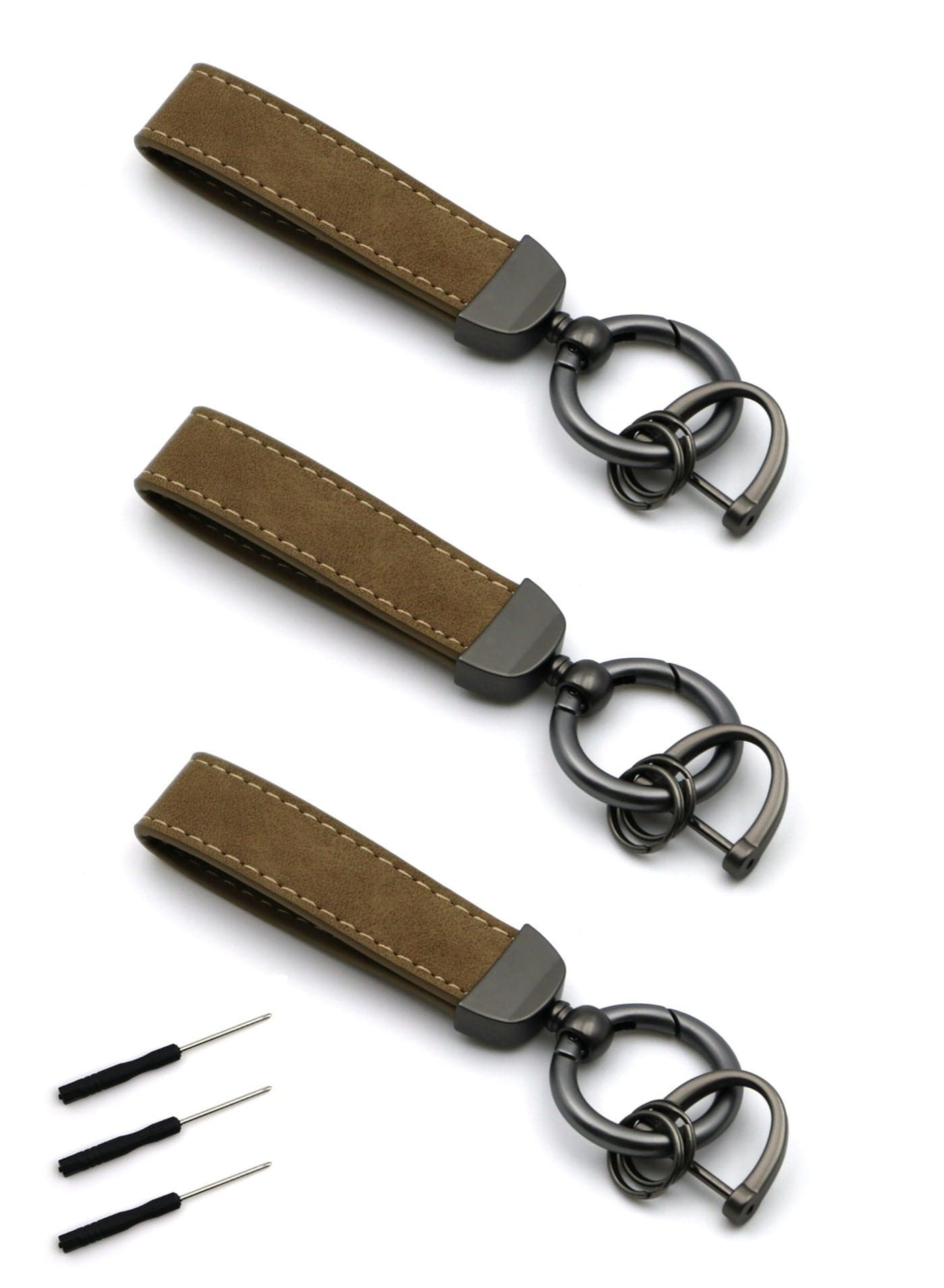 3 Pieces Universal PU Leather Keychain with Key Rings and Anti-Lost D-Ring, Durable Zinc Alloy Metal 360° Rotatable Compatibility Car Keys Holder Organizer, for Men Women with 3 Screwdrivers