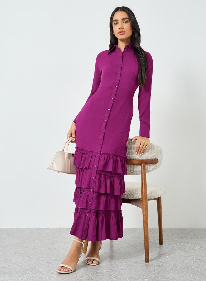 Purple Buttoned Ruffled Tiered Hem Maxi Dress