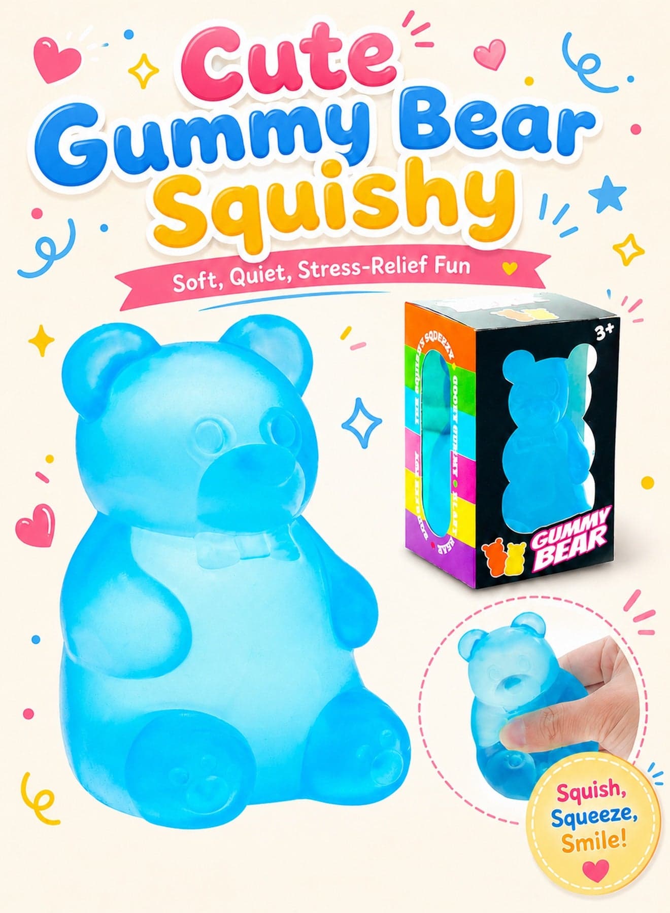 Squishy Gummy Bear Stress Balls, Fidget Squishy Toy with Soft High Density Gel, Ultra Soft Squeeze Balls for Kids Adults Anxiety Relief, Calming Students Classroom Prizes Calming Kids Adults, Blue