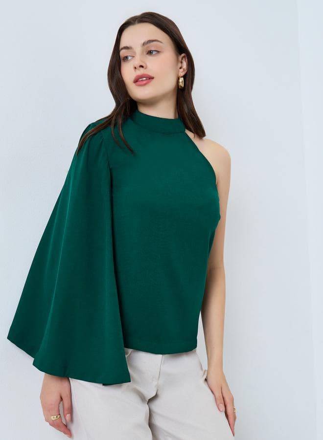 Teal Cape Style One Shoulder Sleeve Blouse