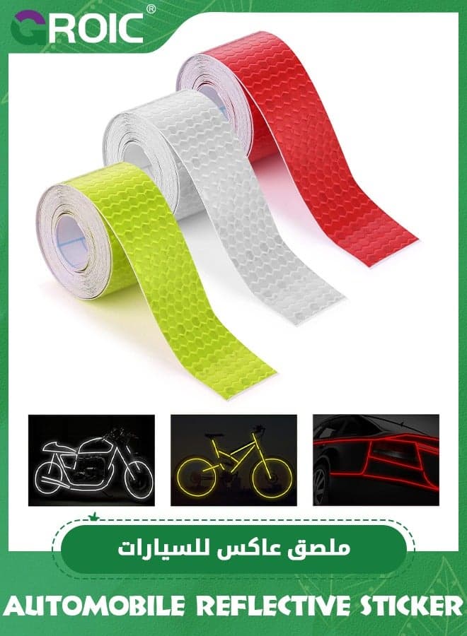 3 Rolls Car Reflective Tape,Outdoor Waterproof Reflective Warning Tape Reflector Tape Night Safety Stickers Silver, Red, Yellow Reflective Tape