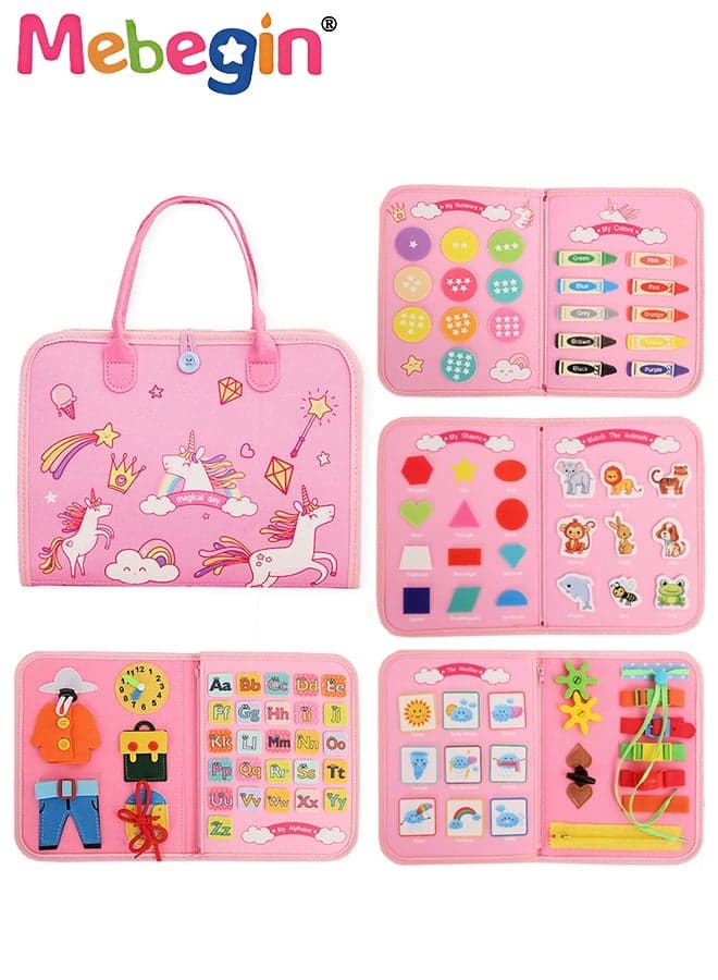 7 in 1 Montessori Busy Board Toys, Sensory Board with Number, Shape, Color, Animal, Weather, Developing Sensory Toy for Fine Motor Skills, Portable Travel Toy, Made of High Quality Felt Fabrics, Ideal Gift for Kids