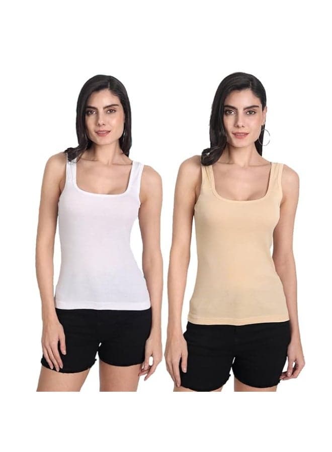 Aimly Women's Cotton Sleeveless Beige & White Camisole Slip Spaghetti Pack of 2 in Beige & White Color