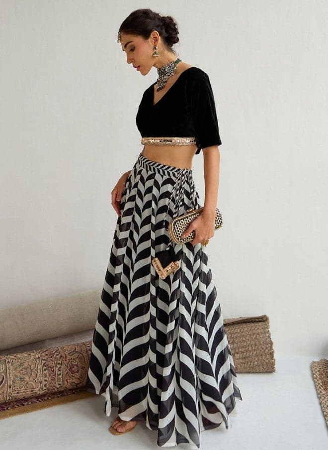 Embellished Black and White Lehenga for Women