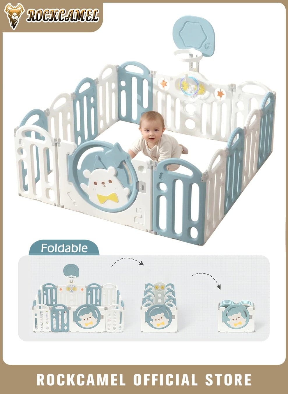 Baby Playpen, 14-Panel Foldable Baby Fence with Locking Gate, Kids Activity Center with Non-Slip Rubber Bases, Basketball Ring, Adjustable Shape, Portable Design for Indoor Outdoor Use(Blue,156 x 156cm)
