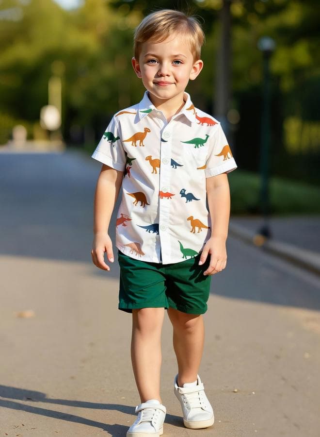 Boys Green Dinosaur Print Shirt And Shorts Set