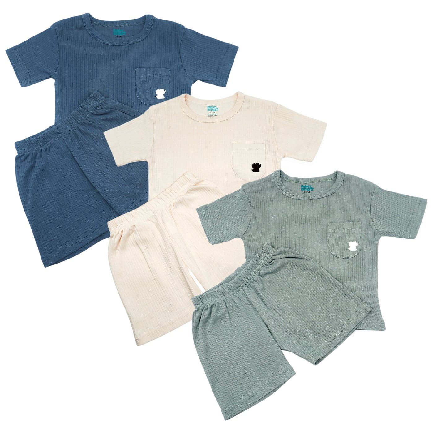 Babies Basic Ribbed Cotton Short Sleeves T-shirt and Plain Shorts Set, Multi Color