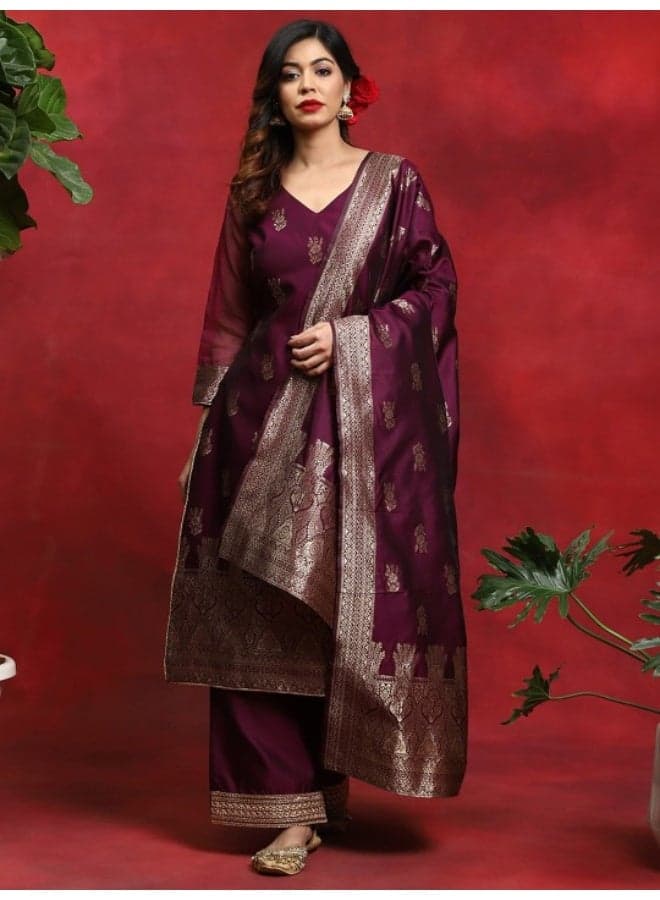 Purple Woven Design Taffeta Kurta & Palazzo With Dupatta Set