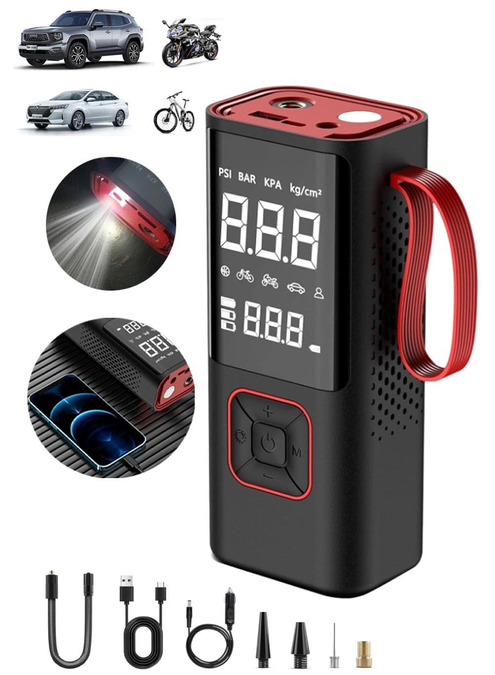 Digital Car Tire Inflator Air Compressor, 19mm Cylinder Portable Electric Tyre Inflator With 6000mAh Battery Power Bank/LCD Dual Screen/LED Light/Lanyard/Auto Stop/Preset Tyre Pressure, 150 PSI Fast Inflation Cordless Air Pump for Car Motorcycle Bicycle Ball Air Mattress Other Inflatables