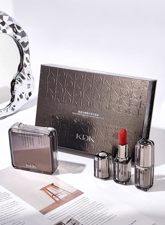 3-Piece Luxury Makeup Gift Set for Women, 3-in-1 Air Cushion BB Cream Foundation with Puff + 2 Matte Long-Lasting Lipsticks, Full-Face Flawless Base & Lip Color Makeup Kit for Daily Wear, Eid & Gifting