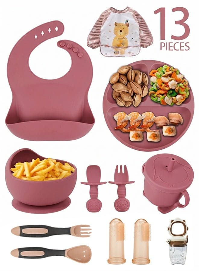 Silicone Baby Feeding Set 13PCS, BPA-Free Toddler Self Feeding Essentials with Strong Suction Plate & Bib, Training Straw Cup for Baby Led Weaning
