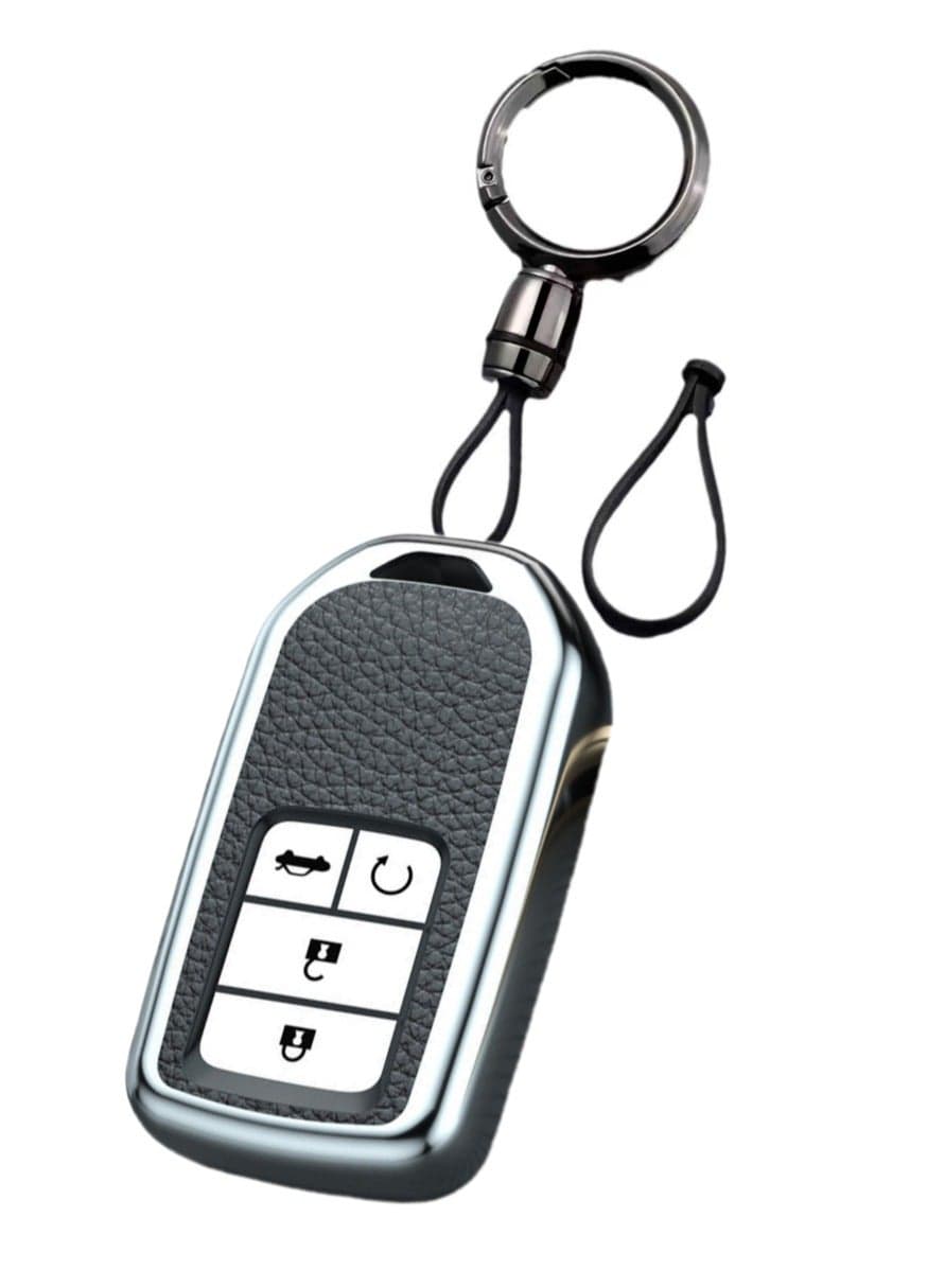 OUYoo For Honda Key fob Cover,case Texture,with Keychain,Soft TPU Key Shell/Skin,4-Buttons fit Accord Civic CRV Pilot Odyssey Passport Remote Key Vehicle Accessories,Silver.