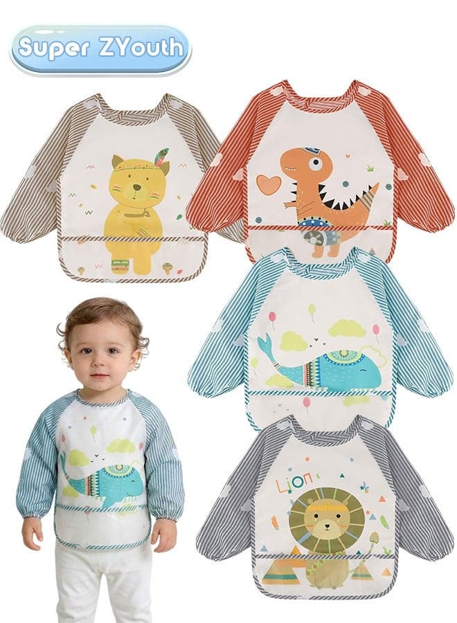 4 Pack Baby Long Sleeve Bibs, Waterproof Toddler Feeding Smock for 1-3 Years with Catch-All Pocket, Full Coverage Apron for Eating, Painting, Outdoor Play, Beach & Camping