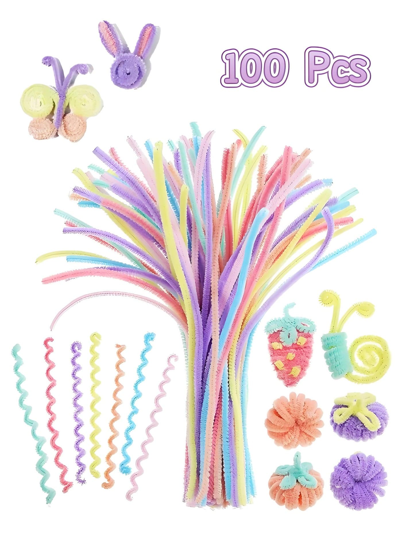 100 Pcs Top Twisting Stick, Fuzzy Craft DIY, Colorful Fuzzy Wire Craft Pipe, Chenille Wire Plush, Multicolour
