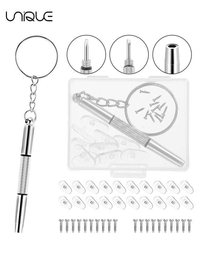 1 Pcs Eyeglass Screwdriver Repair Kit - 3-in-1 Mini Glasses Screwdrivers - Eyeglass Repair Kit with 20 pcs Nose Pads & 20 Screws Eyeglasses Screw Replacement Set for Watch Clock Spectacle Repair