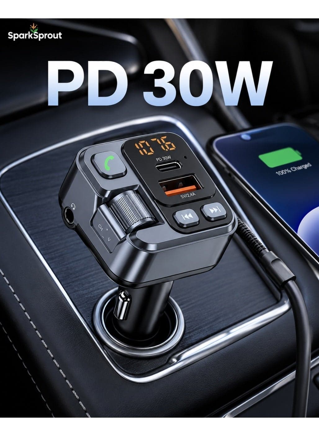 Bluetooth FM Transmitter for Car with PD 30W and QC 3.0 USB Fast Charger, Wireless Music Radio Adapter, MP3 Player, HiFi Bass Audio, Hands-Free Call,Car Fast Charger