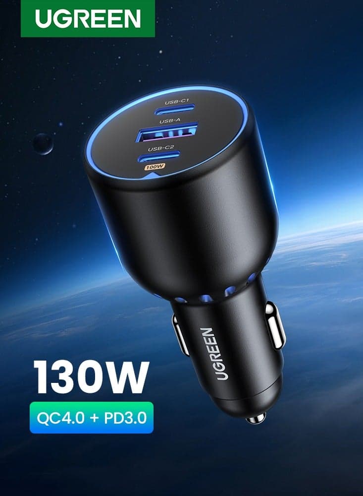 130W Car Charger Fast Charging 2C1A USB Car Power Adapter Laptop Car Fast Charger Plug With LED Indicator Compatible with MacBook Pro Air Mini Lenovo Dell iPhone 16 15 Pro Max Galaxy S25 S24 Ultra black