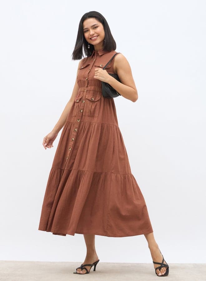 Solid Sleeveless Tiered Maxi Dress with Button Front