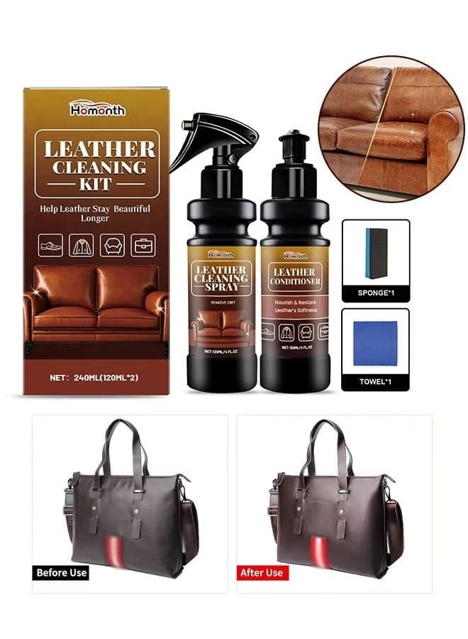 Leather Cleaning Care Set with Sponge Towel - 120ML Leather Cleaner and 120ML Leather Conditioner - Nourishing Care Shine Renovation Antifouling -Leather Furniture Cleaner for Leather Sofas Car Seats, All Leather Items - Furniture & Chair Restoration Kit
