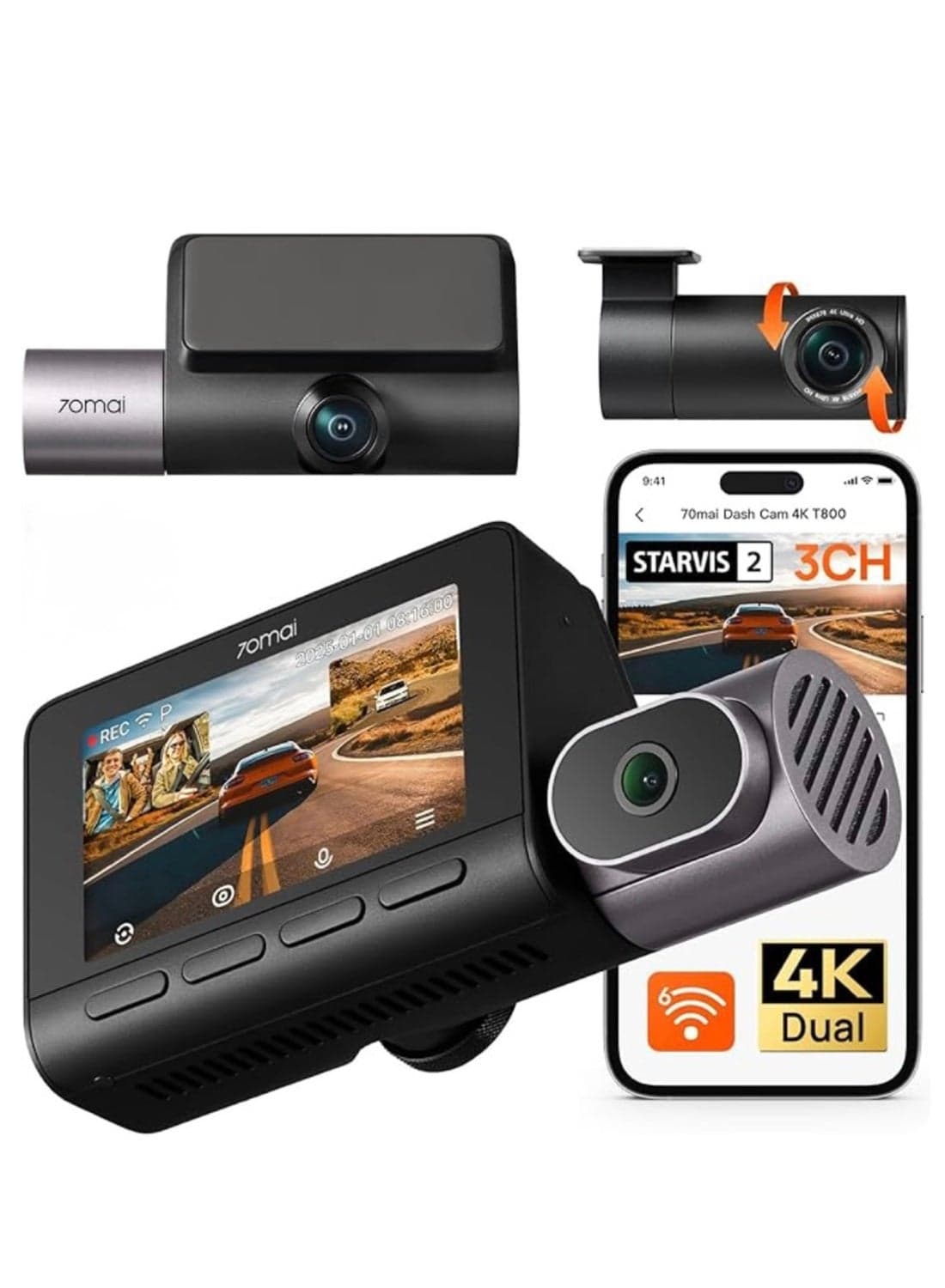 70mai 4K 3 Channel Dash Cam T800-2, Car Camera With Front And Rear Inside( 2160P+1080P+1080P), STARVIS 2 IMX678, HDR Night Vision, WiFi 6, 4G LTE Supporting,256GB SD card Included,24H Parking Mode, Supercapacitor