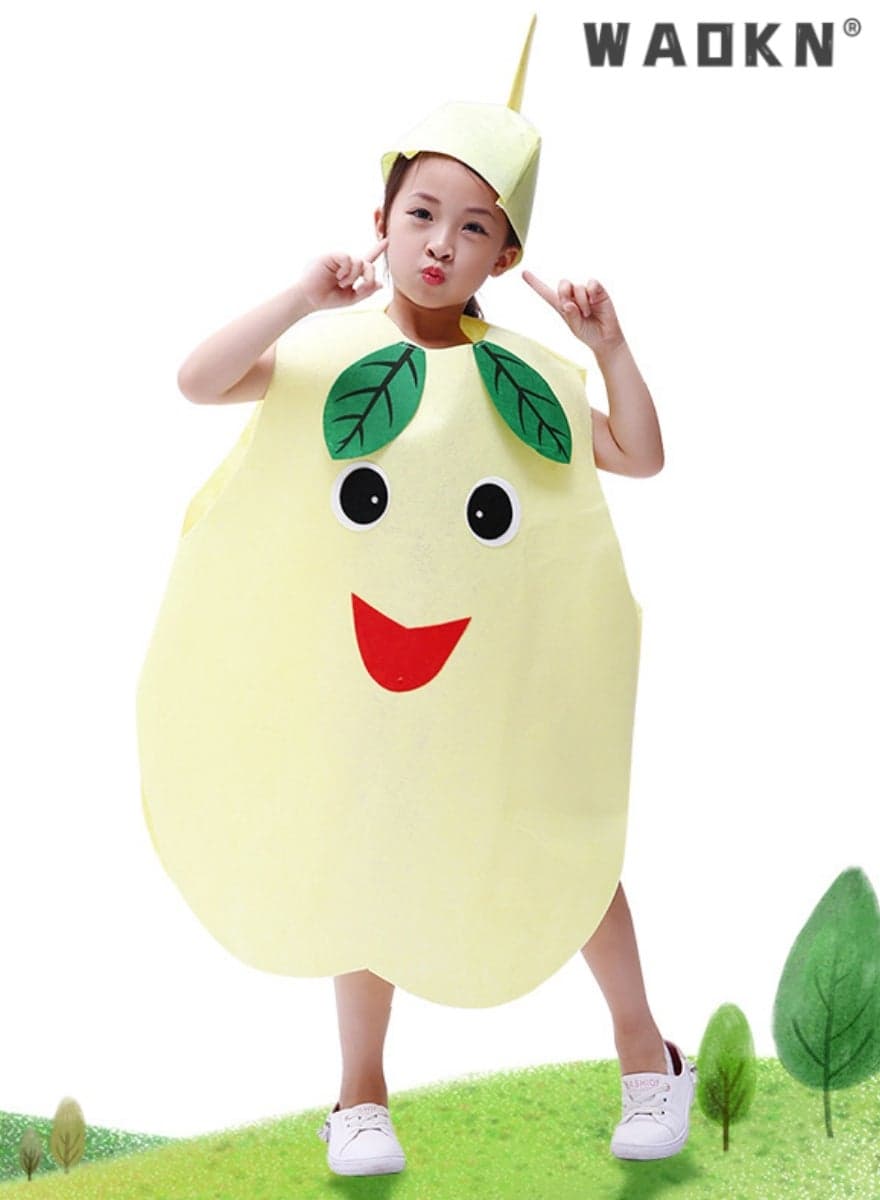 Kids Fruits Vegetables and Nature costumes Suits outfits Fancy Dress Party Boys and Girls Costume Suit with Hat Children Performance Costume Kids Vegetable Costume Kids Cosplay Costume Makeup (Pear)